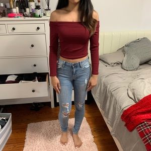Maroon Off Shoulder Crop Top